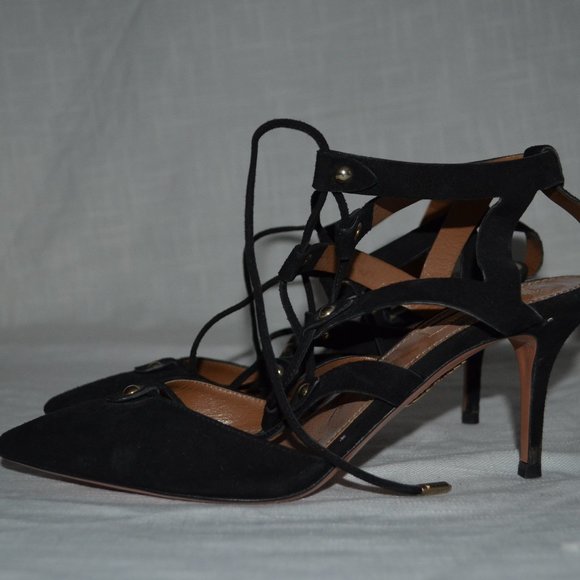 Sz 36.5 6.5 Aquazzura Black Suede Tie Up Cut Out Heels - Picture 3 of 10